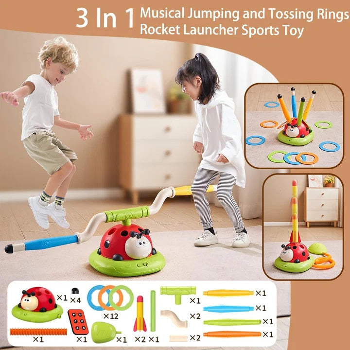 3 In 1 Musical Jump, Ring Toss Game, Stomps & Rocket Launcher for Kids