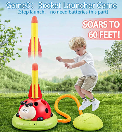 3 In 1 Musical Jump, Ring Toss Game, Stomps & Rocket Launcher for Kids